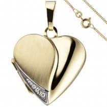 Medaillon Herz Anhänger zum Öffnen für Fotos 333 Gold 1 Zirkonia mit Kette 45cm