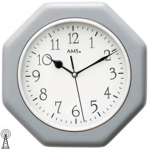 Wanduhr Funk Funkwanduhr analog Holzgehäuse grau achteckig