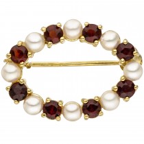 Brosche 375 Gelbgold 8 Akoya Perlen 8 Granate rot