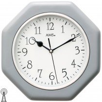 Wanduhr Funk Funkwanduhr analog Holzgehäuse grau achteckig