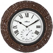 Wanduhr Quarz analog braun Geflecht-Optik mit Thermometer