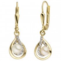 Ohrhänger 375 Gelbgold 2 Süßwasser Perlen 24 Zirkonia Perlenohrringe