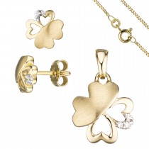 Schmuck-Set Kleeblatt 333 Gelbgold 7 Zirkonia Ohrringe und Kette 45cm