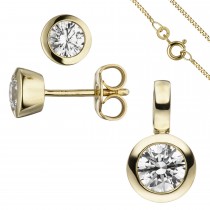 Schmuck-Set 333 Gelbgold 3 Zirkonia Ohrstecker und Kette 45cm