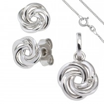 Schmuck-Set Knoten 585 Weißgold 3 Diamanten Ohrringe und Kette 45cm