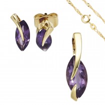 Schmuck-Set 585 Gelbgold 3 Amethyste lila violett Ohrringe und Kette 42cm