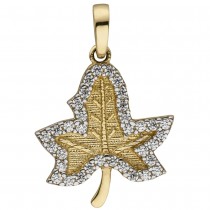 Anhänger Blatt 333 Gelbgold bicolor mattiert 35 Zirkonia Goldanhänger