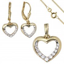 Schmuck-Set 333 Herz Gold Gelbgold Zirkonia Ohrringe Anhänger und Kette 42cm