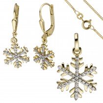 Schmuck-Set Schneeflocke 333 Gelbgold mit Zirkonia Ohrringe und Kette 45cm