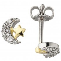 Kinder Ohrstecker Mond Stern 925 Sterlingsilber bicolor vergoldet 22 Zirkonia