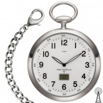 Taschenuhr Funk mit Kette weiß aus Edelstahl mit Datum