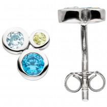 Ohrstecker 925 Sterling Silber 6 Zirkonia blau grün Ohrringe 1.2g