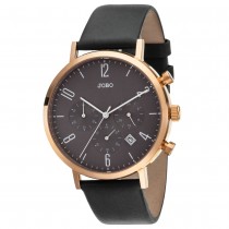 JOBO Herren Armbanduhr Quarz Chronograph Edelstahl vergoldet Lederband grau