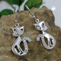 Ohrhaken Katze mit Zirkonia 925 Sterlingsilber