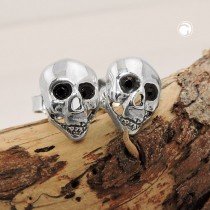 Ohrstecker 10x7mm Totenkopf mit schwarzen Glassteinen glänzend 925 Sterlingsilber