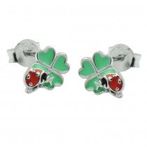 Ohrstecker Ohrring Kleeblatt mit Käfer farbig emailliert 925 Sterlingsilber