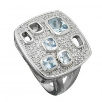 Ring Viereck Zirkonias aqua weiß glänzend rhodiniert 925 Silber Größe 60