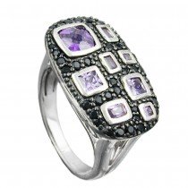 Ring mit Zirkonias lila-schwarz glänzend rhodiniert 925 Silber Größe 58