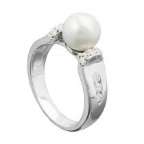 Ring mit Zuchtperle und vielen Zirkonias rhodiniert 925 Silber Größe 62