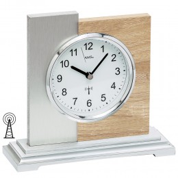 AMS Tischuhr Funk silbern modern Holz Sonoma Optik mit Aluminium Auflage