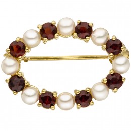 Brosche 375 Gelbgold 8 Akoya Perlen 8 Granate rot