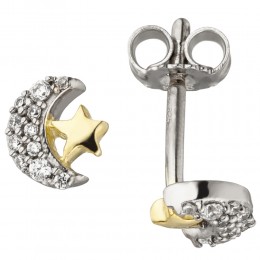 Kinder Ohrstecker Mond Stern 925 Sterlingsilber bicolor vergoldet 22 Zirkonia
