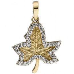 Anhänger Blatt 333 Gelbgold bicolor mattiert 35 Zirkonia Goldanhänger