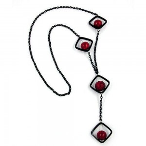 Collier Halskette Viereck mit Perle schwarz-rot 80cm
