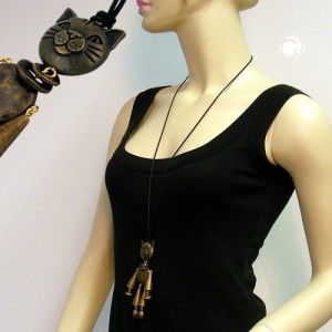 Collier Halskette Katze altmessing Kordel 90cm