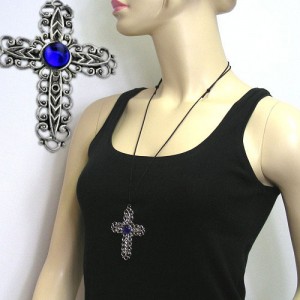 Halskette Keltenkreuz Zinn Steine blau 110cm