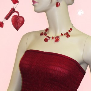 Collier Halskette 4x Blatt rot mit Flitter Draht 44cm