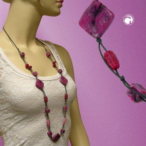 Collier Halskette Viereck pink-grau Kordel grau 100cm