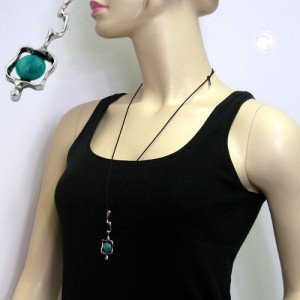 Halskette Anhänger Zinn mit Einlage grün 100cm