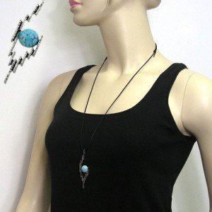 Halskette Anhänger Zinn türkis 100cm