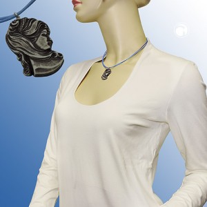 Halskette Cameè grau Kordel hellblau 40cm