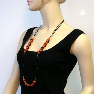 Collier Halskette Perlen koralle Ringe schwarz 100cm