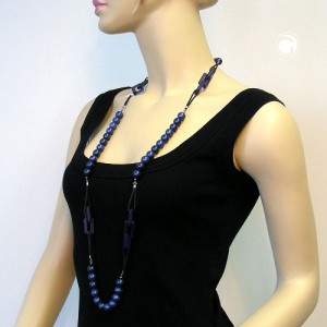 Collier Halskette Perlen stahlblau mit Kordel 110cm