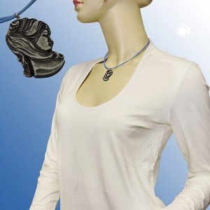 Halskette Cameè grau Kordel hellblau 40cm