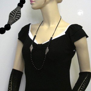 Halskette Perle schwarz Blatt altsilber 95cm