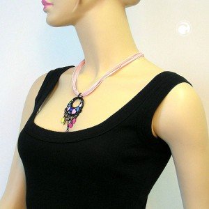 Collier Halskette schwarz-multi Kordel rosa 50cm