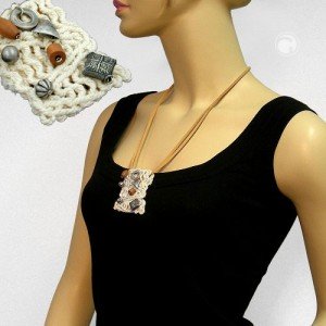 Collier Halskette Makramee Perle altsilber Holz 60cm