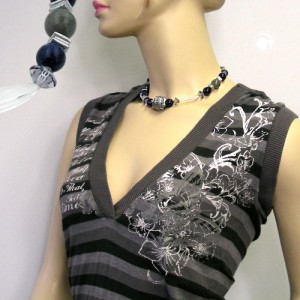 Halskette Rillenperle silbergrau kristall 42cm