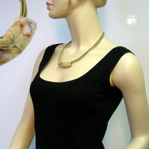 Collier Halskette Rohr flach-gebogen weiß-oliv 45cm