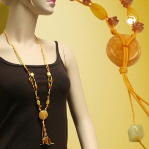 Collier Halskette Scheibe gelb-seidig Holz ocker 90cm