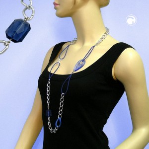 Collier Halskette blau-silber-kristall 100cm