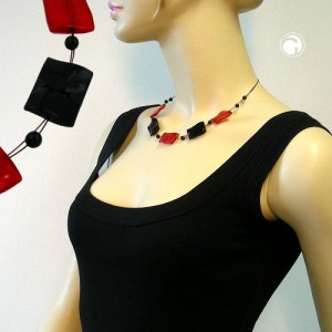 Collier Halskette Viereck rot-schwarz glänzend 45cm
