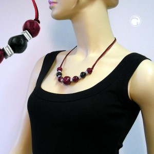 Collier Halskette Perle fuchsia-bordeaux-schwarz 54cm