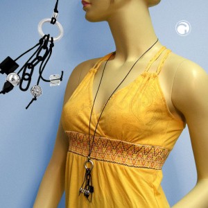 Collier Halskette Ring hellgrau-silber schwarz 90cm