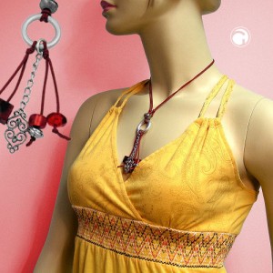 Collier Halskette Ring hellgrau-silber rot-silber 90cm