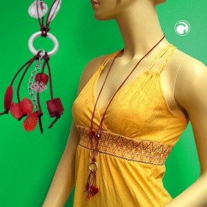 Collier Halskette Ring silbergrau rot-transparent 90cm